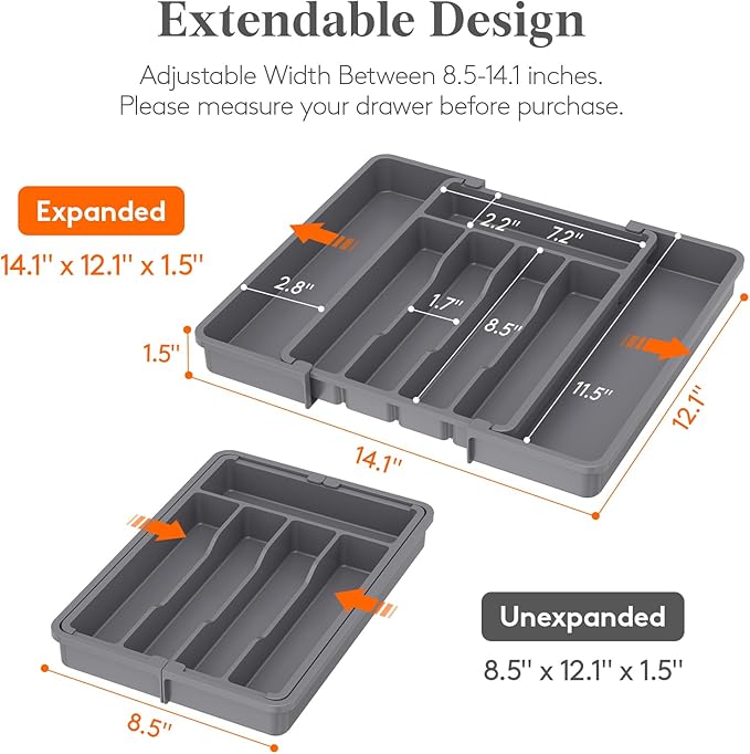 Lifewit Silverware Drawer Organizer, Expandable Utensil Tray for Kitchen, BPA Free Flatware and Cutlery Holder, Adjustable Plastic Storage for Spoons Forks Knives, 8.5"-14.1" x 12.1", Dark Gray