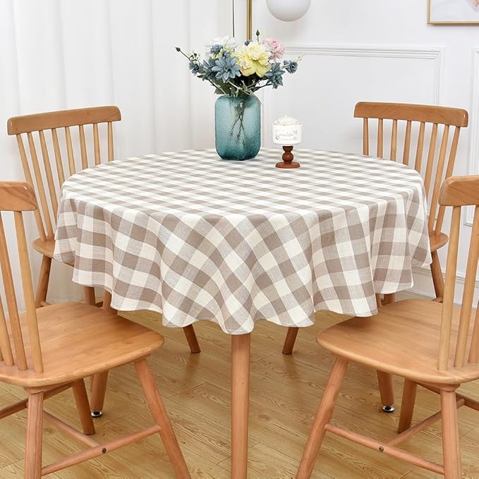 Gingham Round Tablecloth Table Cloth Heavy Duty Cotton Checkered Table Cloth Round Cover for Dining Room (R-Beige, 53 inch Diameter)