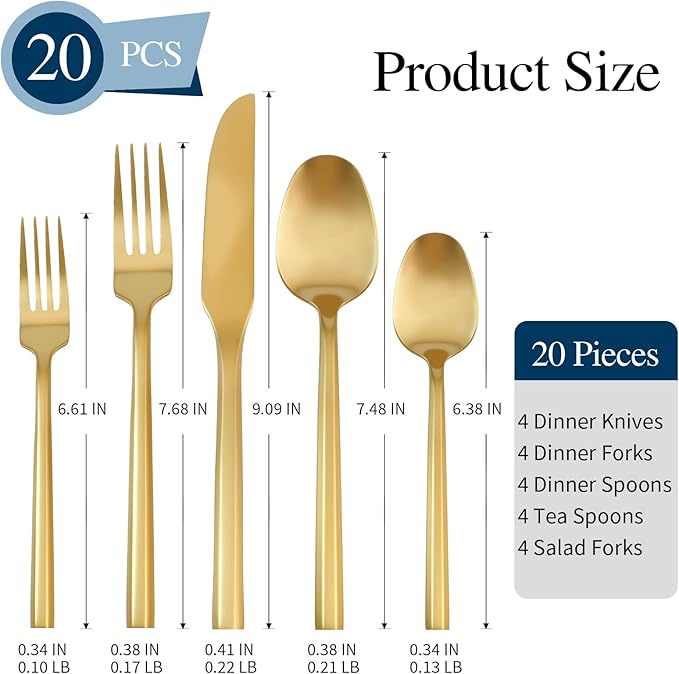 Silverware Set 20-Piece Stainless Steel Matte Gold Cutlery, Hand Forged Thick Hexagon Handle Flatware Sets, Service for 4