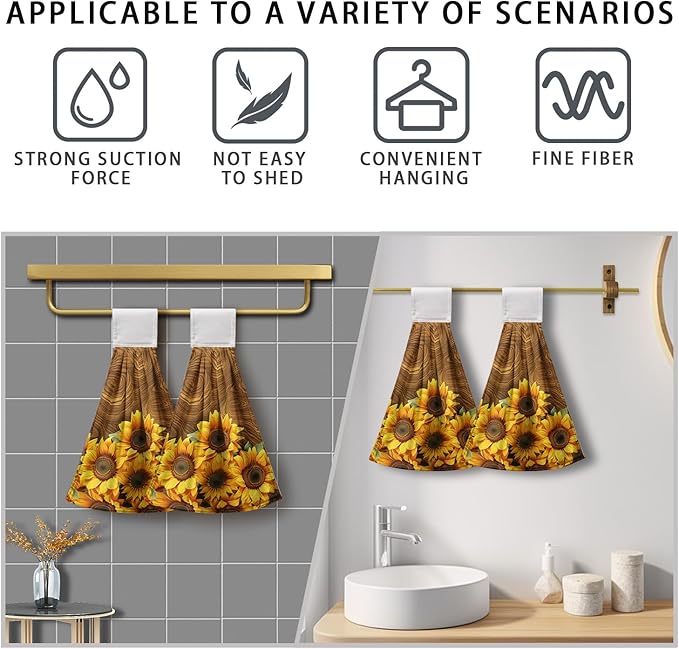 Summer Sunflowers Hanging Kitchen Towels Vintage Brown Yellow Flowers Hand Towel with Hanging Loop Tie Towels Soft Absorbent Dish Tea Towel Decorative for Bathroom Farmhouse Decor