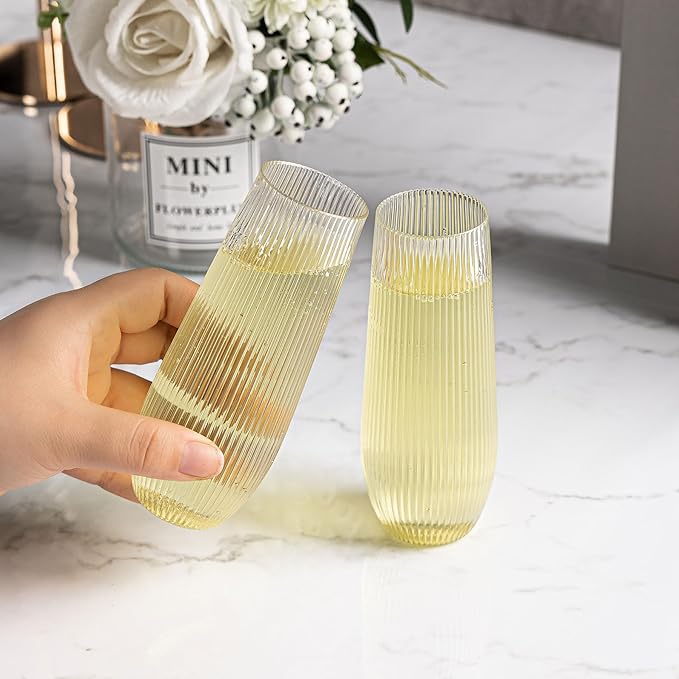 HOMIP 36pcs Clear Plastic Champagne Flutes - 9oz Disposable Champagne Flutes Stemless Toasting Glasses, Ribbed Ripple Design (BPA-Free) for Weddings, Bars & Events - Disposable Party Cups
