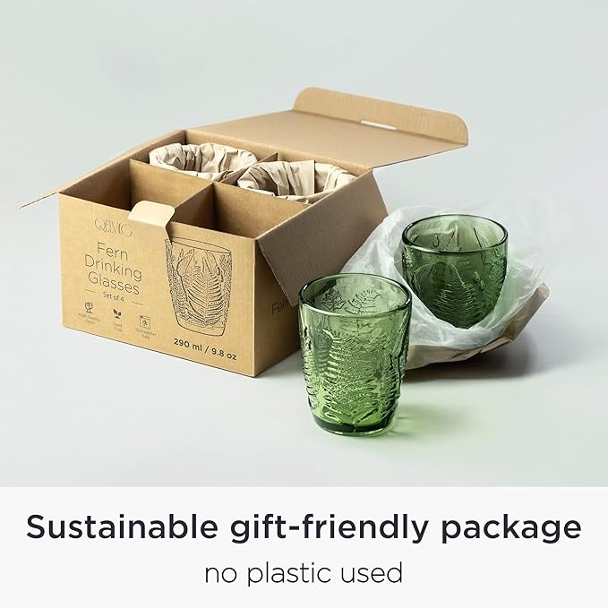 Vintage Drinking Glasses Set Of 4-10 oz Textured Green Glass Cups, Cute Green Glassware for Home & Bar, Retro Style Embossed Drinkware, Unique Decorative Cocktail Cup Sets - Heavy Duty & Durable