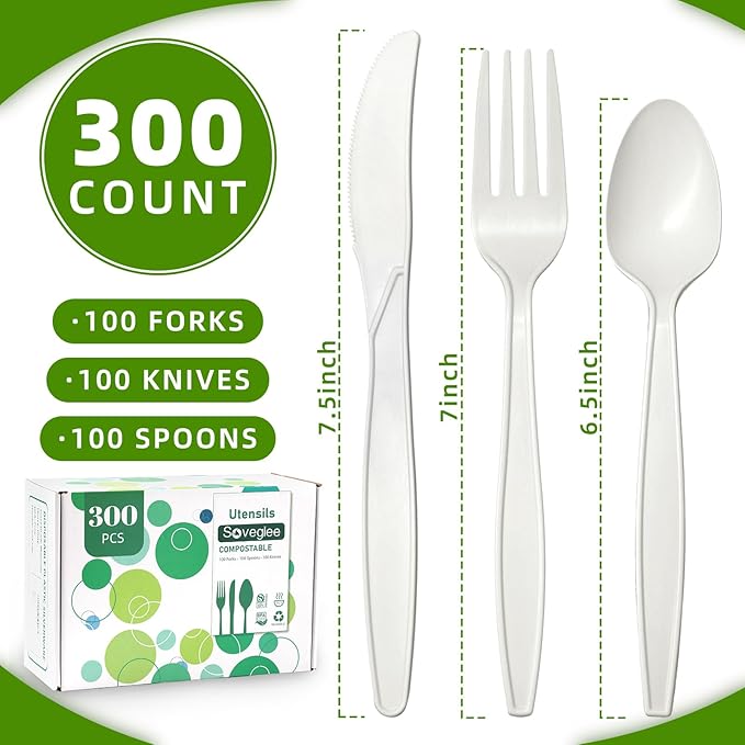 Compostable Utensils, White No Plastic Silverware, Compostable Cutlery 100 Forks 100 Spoons 100 Knives, No Plastic Disposable Silverware, Eco Friendly Disposable Cutlery for Party Office Wedding