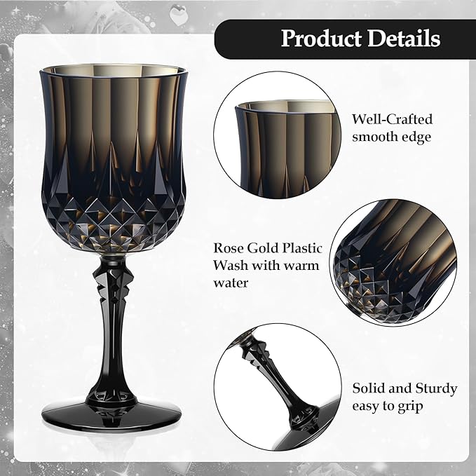 XUWAIDSGN 7oz Plastic Vintage Wine Glasses Drinking Glasses Unbreakable Wedding Glassware Crystal Water Goblets Reusable Drinkware Vintage Champagne Flutes (48, Black)