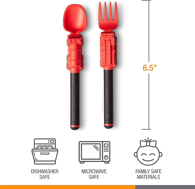 Dinneractive Utensil Set for Kids – Red Firefighter Themed Fork and Spoon for Toddlers and Young Children – 2-Piece Set