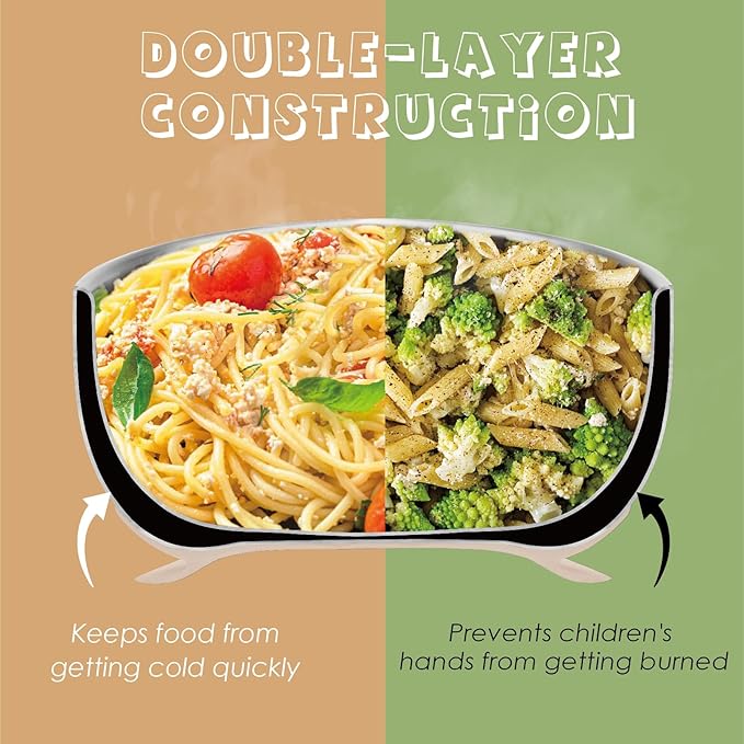 MR. CHOU Baby Bowls with Non-Slip Silicone Suction Cup, Insulated Double-Layer 304 Stainless Steel Toddler Bowls with BPA Free Airtight Lids, Food-Grade Silicone Safe for Kids (Beige)