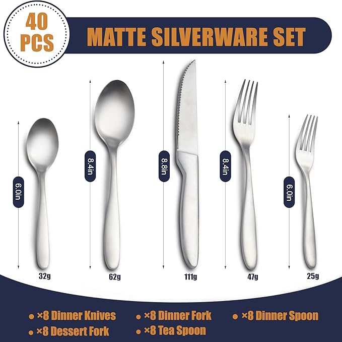 40 Pieces Silverware Set, Stainless Steel Flatware Set for 8, Matte Satin Polished Cutlery Set Include Forks Spoons and Knives, Dishwasher Safe Utensils Set for Home Restaurant
