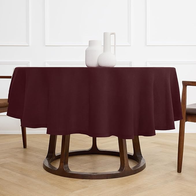 Solino Home Linen 60 Inch Round Tablecloth - 100% Pure Linen Burgundy Round Tablecloth - Machine Washable Table Cloth for Christmas, New Year - Sonoma