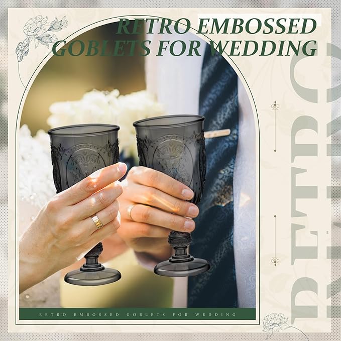 48 Pcs Plastic Goblets 7.5oz Vintage Goblet Plastic Wine Glasses Colored Retro Embossed Water Goblets for Wine Bar Juice Baby Shower Wedding Reception Grand Event Party (Black)