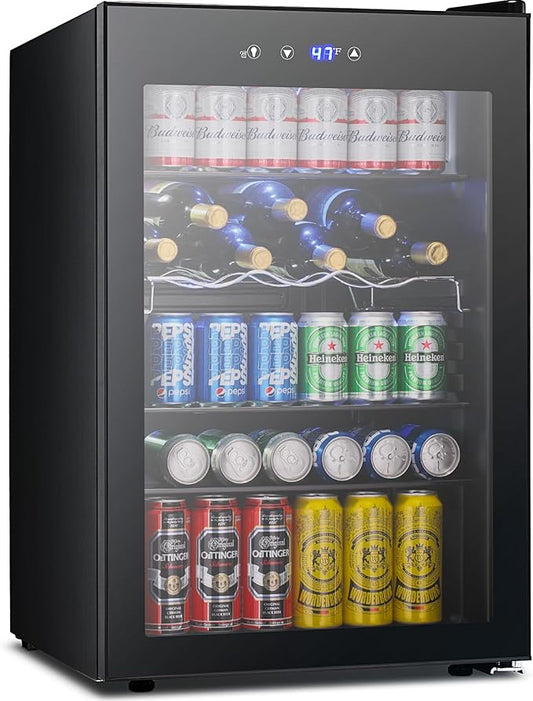 4.4 Cu.ft Beverage Refrigerator Cooler, 145 Can Mini Fridge Glass Door with Adjustable Shelves, Digital Temperature Display, Freestanding Small Drink Fridge for Home, Office or Bar(Black)