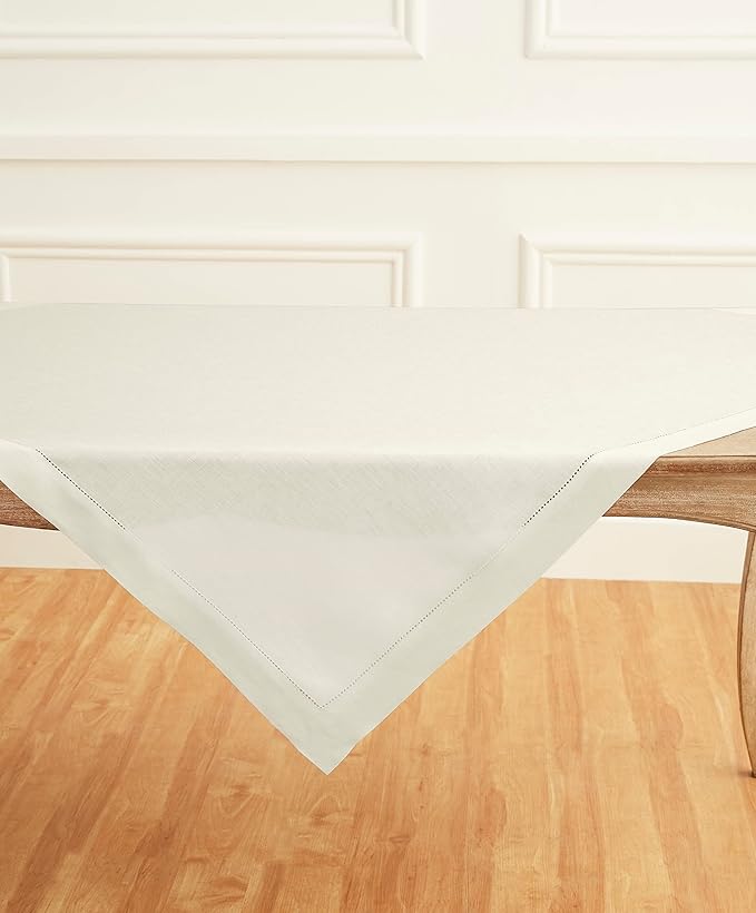 Solino Home Ivory Linen Tablecloth 52 x 52 Inch - 100% Pure Linen Square Table Throw - Classic Hemstitch, Machine Washable Table Cloth for Holiday, New Year