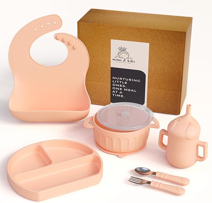mimi & kiki BPA-Free Silicone Baby Feeding Set, Baby Plates and Bowls Set, Baby Led Weaning Supplies, Silicone Suction Plate, Baby Utensils, Bib and Cup, Self Feeding, Dishwasher Safe (Light Pink)