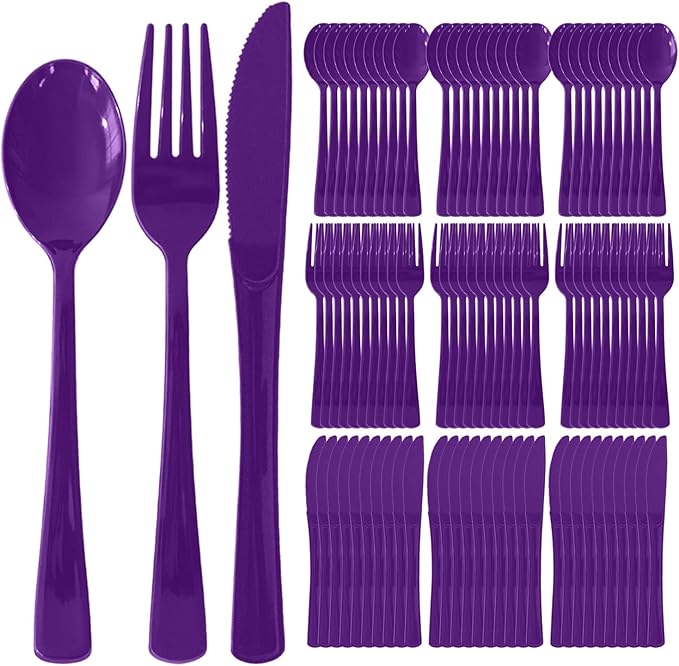 150 Pack Disposable Plastic Silverware, Heavy Duty Black Plastic Cutlery Set Includes 50 Forks 50 Knives 50 Spoons for Birthday Wedding Party Picnics (150, Purple)