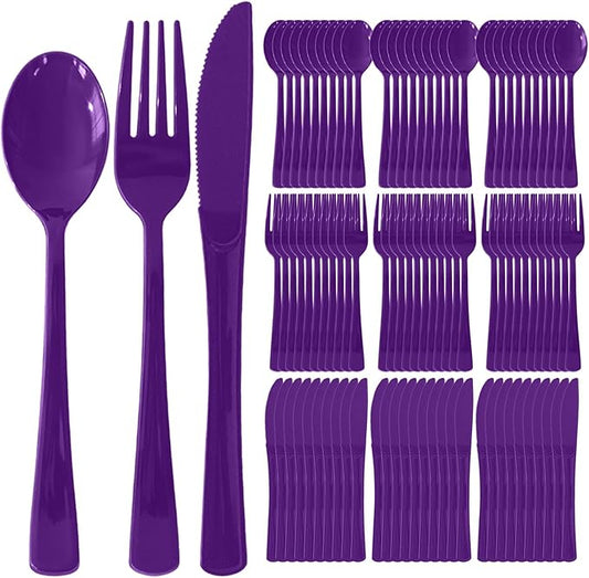 150 Pack Disposable Plastic Silverware, Heavy Duty Black Plastic Cutlery Set Includes 50 Forks 50 Knives 50 Spoons for Birthday Wedding Party Picnics (150, Purple)