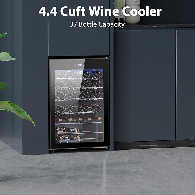 Wine Cooler Refrigerator 4.4Cu.ft, 37 Bottle Freestanding Cabinet Wine Cellars, Wine Fridge with Glass Door for Home Use, Protecting Your Reds and Whites