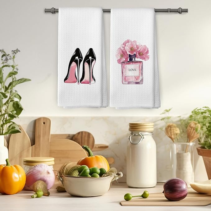 Girly Pink High Heel Perfume Kitchen Towels Set of 2, Modern Bath Bathroom Women Hand Dish Towel, Modern Fashion Floral Perfume Decorative Tea Towel 16x24 Inch