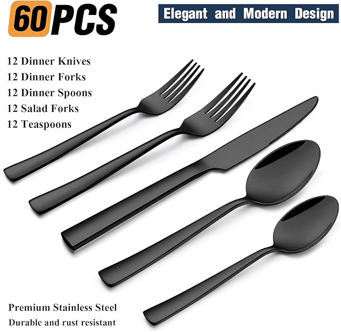Wildone 60-Piece Black Silverware Set, Stainless Steel Flatware Square Cutlery Set Service for 12, Eating Utensils Include Knife Fork Spoon, Mirror Polished & Dishwasher Safe