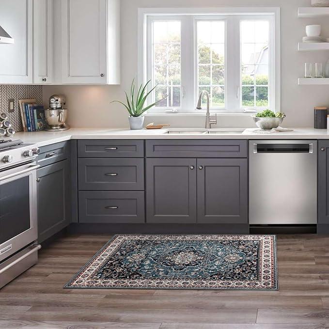 Easy-Going Area Rug 2x3 Washable Medallion Distressed Entryway Rugs Front Door Mat Indoor Entrance Non-Slip Vintage Retro Small Entry Rug for Bedroom Kitchen Bathroom Lightweight Carpet, Teal Brick