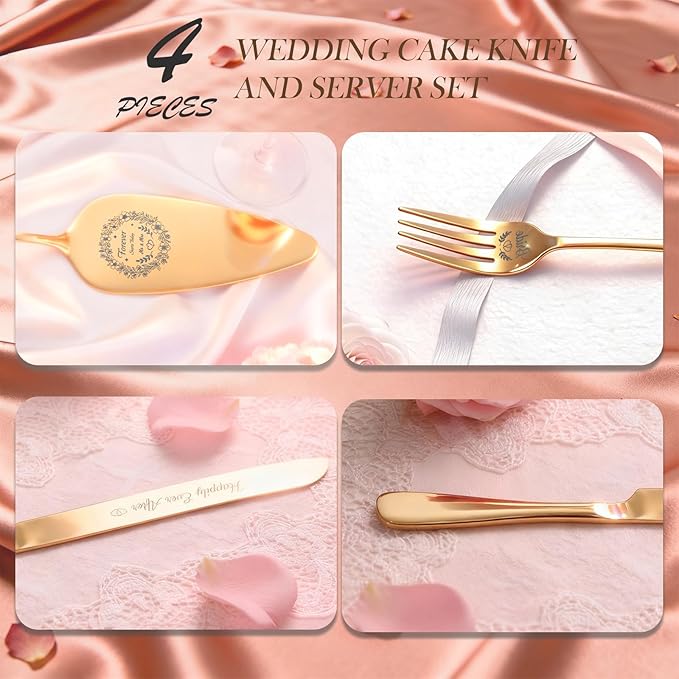 4 Piece Wedding Cake Cutting Set, Knife and Server with Forks, Elegant Wedding Cake Knife and Server Set for Bride and Groom(Gold)