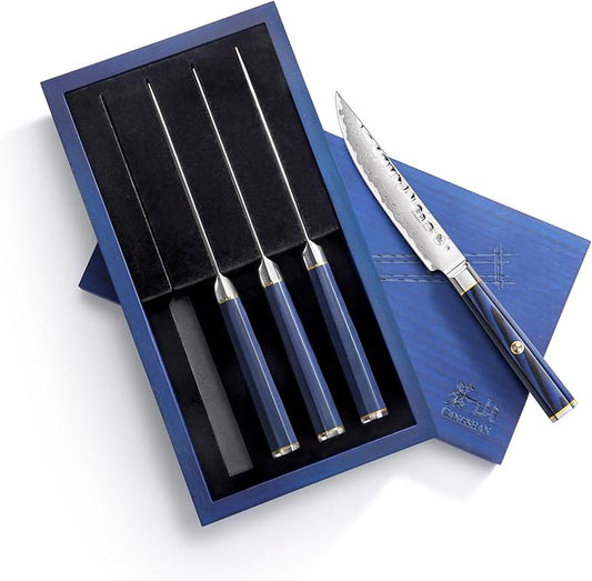 Cangshan KITA Series 4-Piece Fine Edge Steak Knife Set With Ash Wood Box, High Carbon X-7 Damascus Steel, 501509 (4pc)