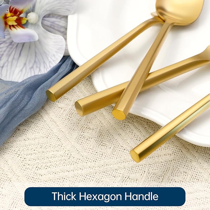 Silverware Set 20-Piece Stainless Steel Matte Gold Cutlery, Hand Forged Thick Hexagon Handle Flatware Sets, Service for 4