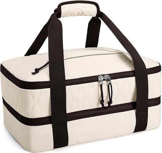 Trunab Insulated Casserole Carrier for Hot or Cold Food, Double Thermal Food Containers, Fit 9x13 Inches Baking Dish Foil Pans, For Picnic Cookouts, Potluck Parties, Beach,Beige (Beige)