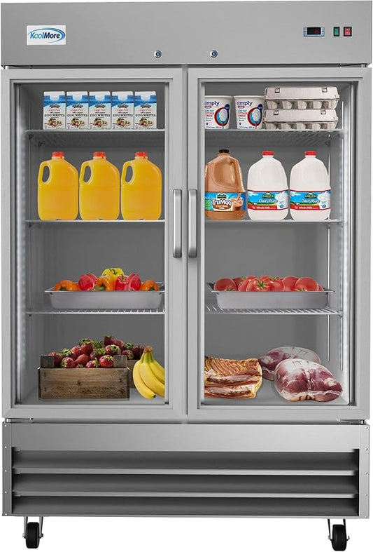 KoolMore - RIR-2D-GD 54" 2 Glass Door Commercial Reach-in Refrigerator Cooler with LED Lighting - 47 cu. ft, Stainless Steel
