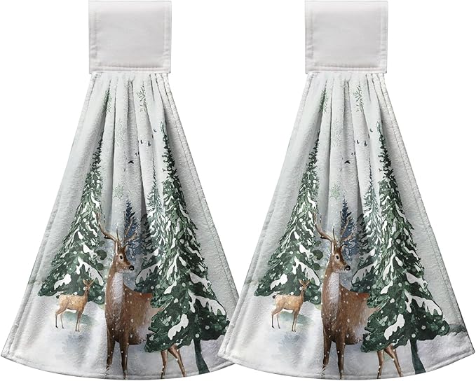 Winter Deer Hand Towels with Hanging Loop Pine Tree Snowflake Tie Towel 2Pcs Snow Hanging Kitchen Towels Decorative Tea Towel Soft Absorbent Washcloth for Home Bathroom Decor