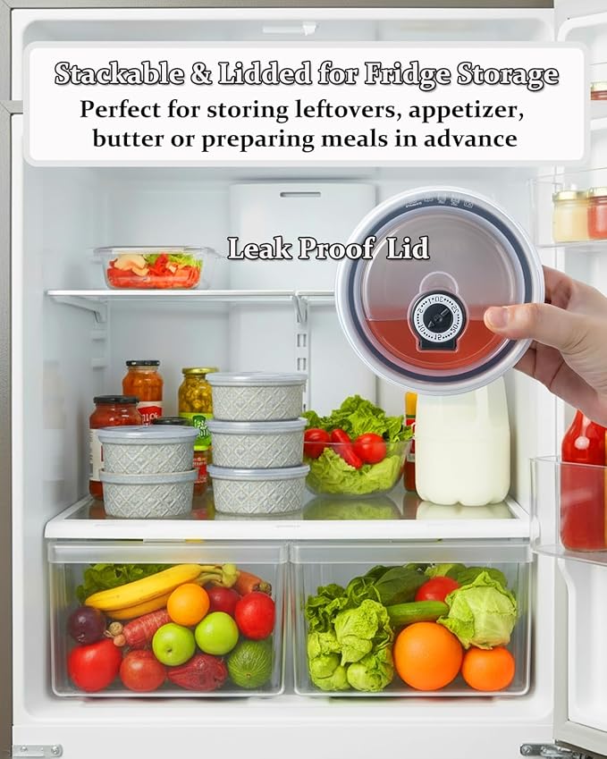 16 oz Ramekins with Lids Oven Safe, Ceramic Ramekins for Creme Brulee, Embossed Pudding Custard Ramekin for Baking Souffle, Porcelain Baking Bowls Set of 4, Gray