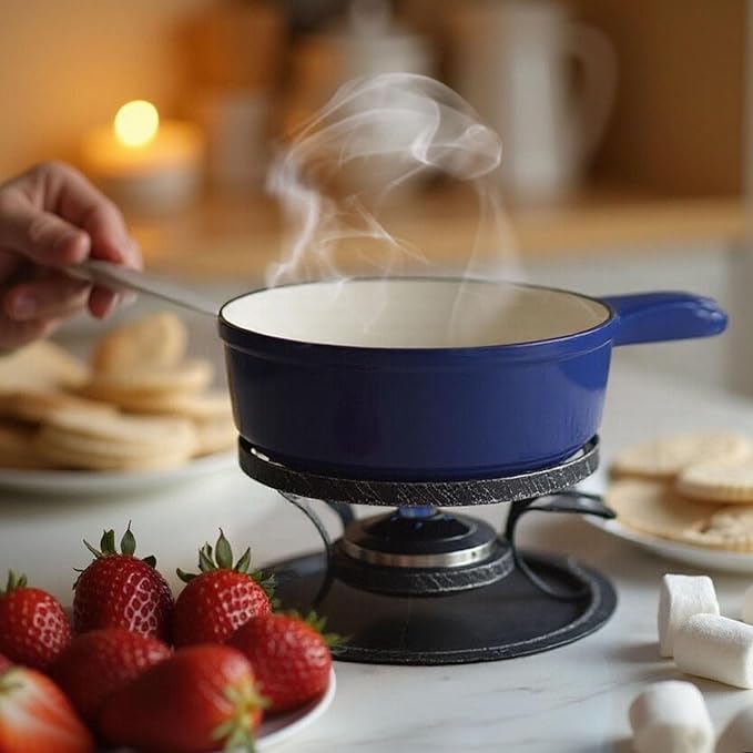 Artestia Swiss Fondue Set – Cast Iron Traditional 2L Cheese & Chocolate Fondue Pot for 4-6 People – Ideal for Melting Cheese, Chocolates, Caramel, & More, Blue