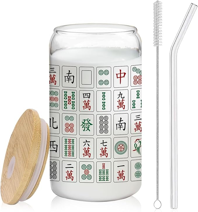 Mahjong Tiles Glass Cup with Lids and Straws 14oz, Gifts for Mahjong Players Lovers, Mah Jong Accessories Glass Iced Coffee Tumbler Drinking Jars with Cleaning Brush
