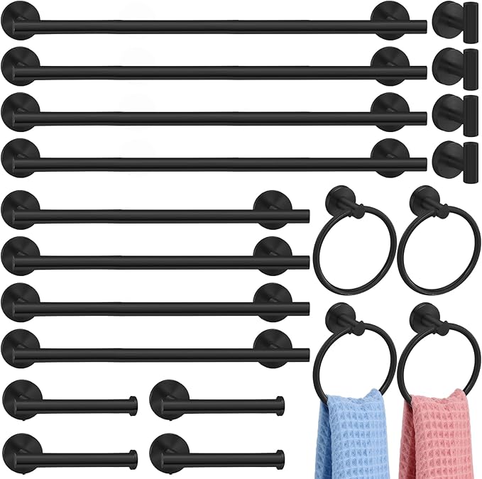 Gisafai 20 Pcs Bathroom Hardware Set, 23.6 Inch Brushed Towel Bar Ring Toilet Paper Holder Robe Towel Hook, Sus304 Stainless Steel Bathroom Accessory Set Wall Mounted (Black)