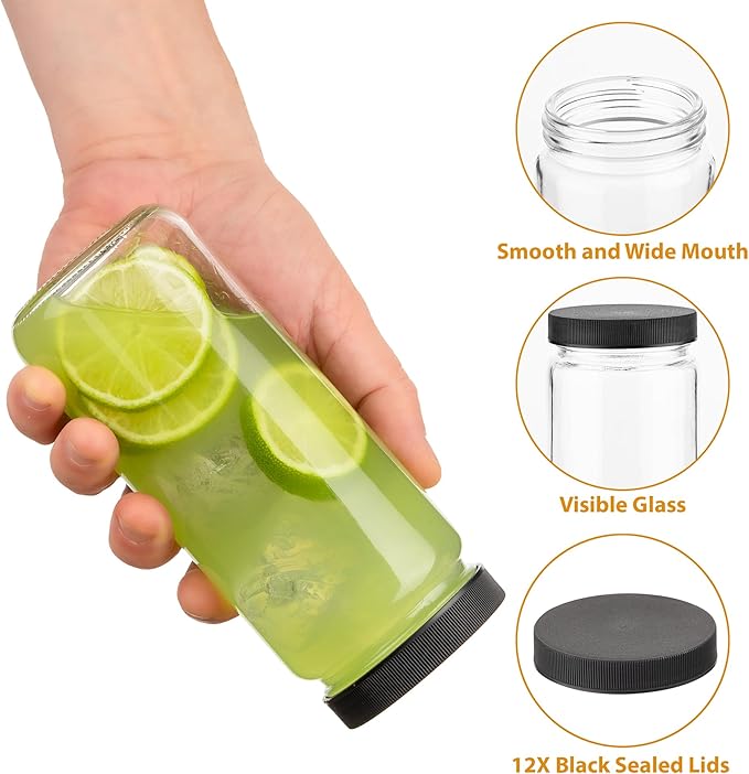 Glass Juice Bottles with Lids and Straws, 16 Oz - Set of 12 Reusable Clear Cups - For Drinking Smoothie, Iced Coffee, Juicing, Matcha, Water, Kombucha and More