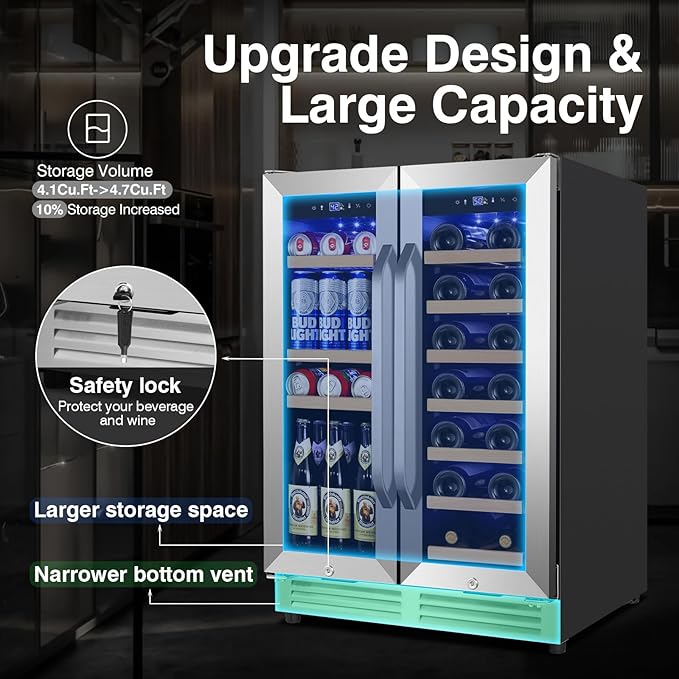 24 Inch Upgraded Wine and Beverage Refrigerator– Dual Zone Beverage Cooler with Glass Door | Under Counter or Freestanding | Large Capacity, Advanced Cooling System & Carbon Purification