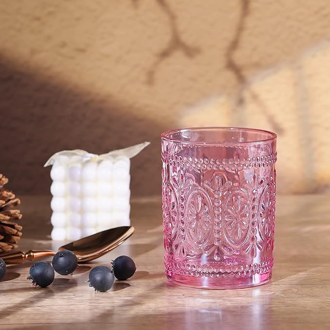 Pink Glassware set of 4, Vintage Drinking Glasses, 10oz Pink Heavy Duty Glass Cups, Old Fashioned Glass, Embossed Glasses Set for Party Wedding Home Office Glassesware Gift