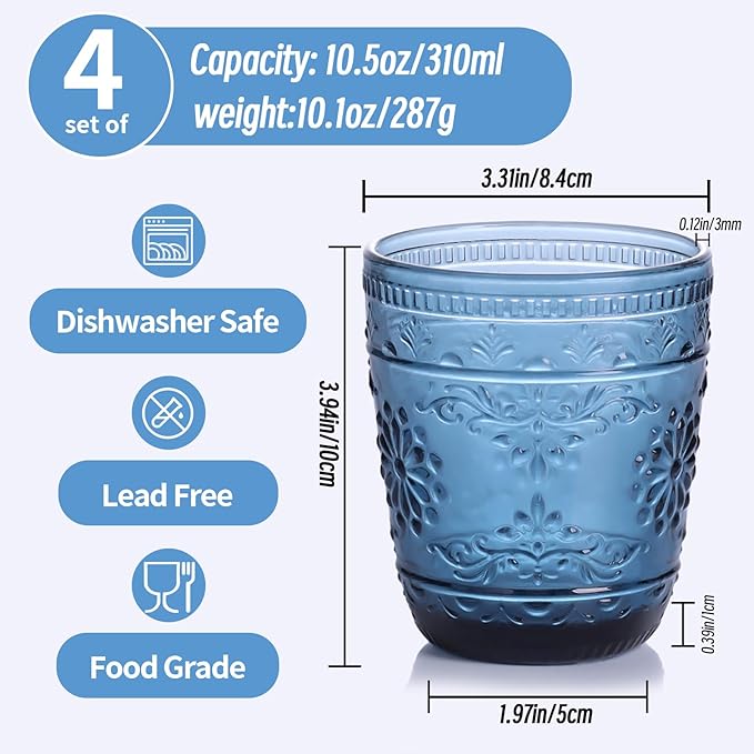 Blue Glassware set of 4, 10OZ Drinking Glasses, Blue Heavy Duty Glass Cups, Old Fashioned Glass, Embossed Glasses Set for Party Wedding Home Office Glassesware Gift