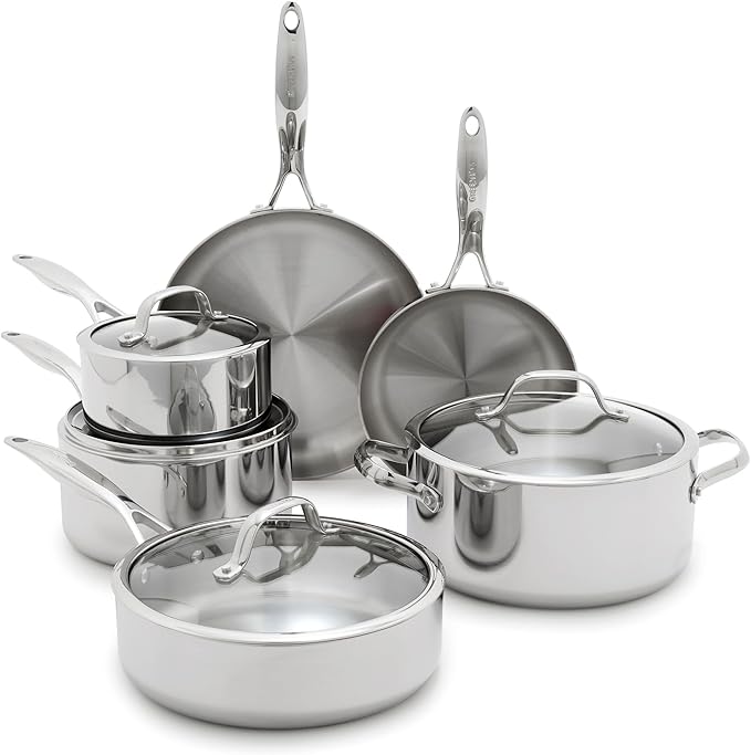 GreenPan Valencia Pro Tri-Ply Stainless Steel 10 Piece Cookware Set, Induction Ready Pots & Pans, Mirror Finish, Dishwasher Safe & Oven/Broiler Safe to 600F, Compatible with All Cooktops, Silver