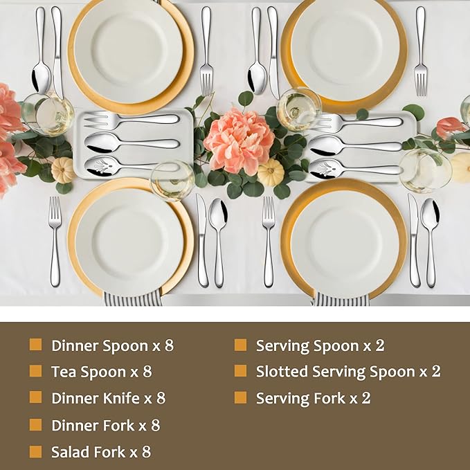 46-Piece Heavy Duty Silverware Set of 8, LIANYU Stainless Steel Flatware Set with Serving Utensils, Thick Cutlery Eating Utensils Include Fork Knife Spoon, Mirror Finished, Dishwasher Safe
