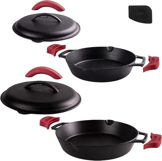 Cuisinel Cast Iron Skillet + Cast Iron Lid Set - 10+12"-Inch Dual Handle Frying Pans + Pan Scraper + Silicone Handle Covers - Preseasoned Indoor/Outdoor, Grill, Stovetop, Induction, Oven Cookware