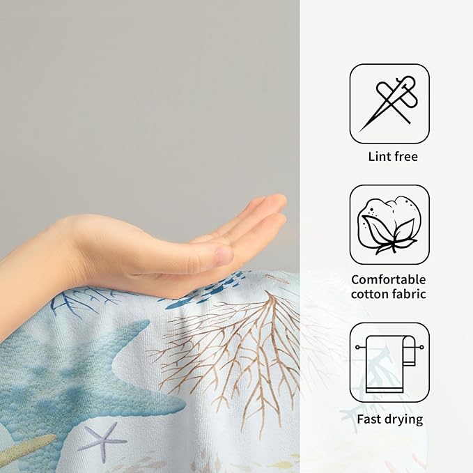 Imiss Nautical Coastal Starfish Bathroom Towels 14.4 x 28.3 Inch Ocean Themed Seashell Coral Decorative Soft Small Bath Fingertip Towels Set of 2 for Home Kitchen Hotel Decor