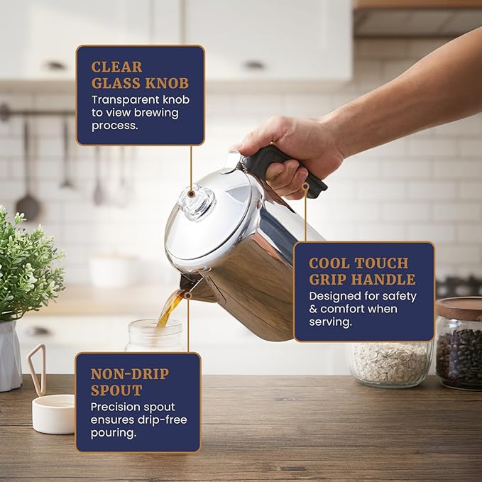 Elite Gourmet EC008 Classic Stovetop Coffee Percolator, Glass Clear Brew Progress Knob, Cool-Touch Handle, Cordless Serve, 8-Cup, Stainless Steel