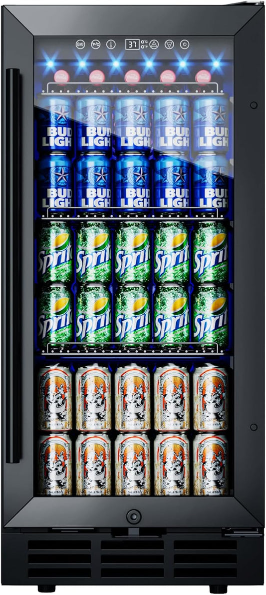 15 Inch Built-In Beverage Fridge, 132-Can Capacity Freestanding Drink Fridge with Tempered Glass Door & Blue LED Display, Adjustable Shelving for Home Bar, Kitchen, or Office Use (Black)