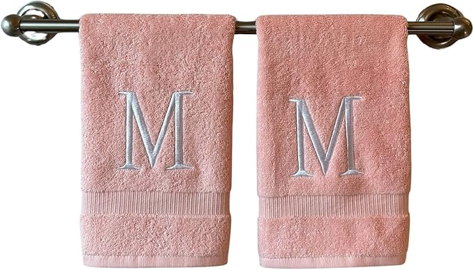 Pink Initial Hand Towel for Bathroom - Monogrammed Luxury Hotel Quality Decorative Embroidered Towel for Powder Room, Spa - GOTS Organic Certified - Set of 2 Letter M