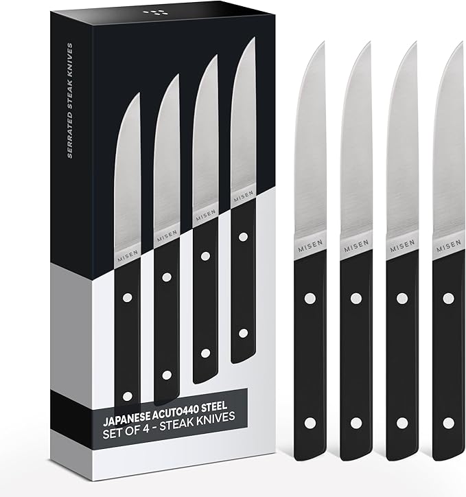 Misen ACUTO Straight-Edge 4-Piece Steak Knife Set - Precision Forged Full Tang Blades, Ergonomic POM Handles, Long-Lasting Sharpness, Easy to Maintain - For Professionals and Home Cooks - Black