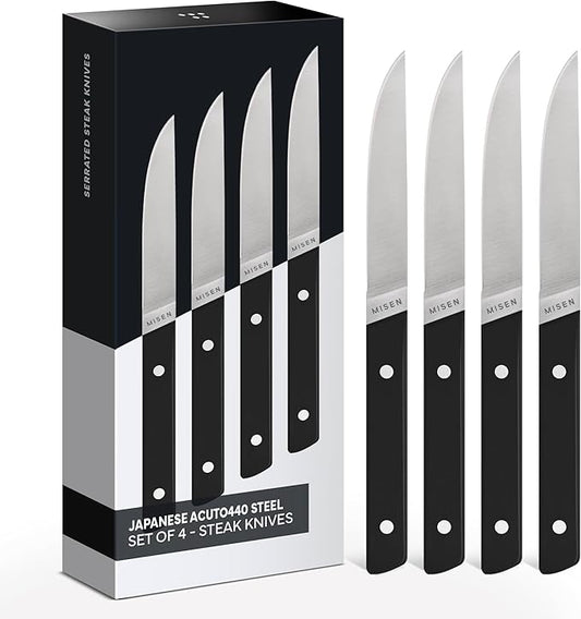 Misen ACUTO Straight-Edge 4-Piece Steak Knife Set - Precision Forged Full Tang Blades, Ergonomic POM Handles, Long-Lasting Sharpness, Easy to Maintain - For Professionals and Home Cooks - Black