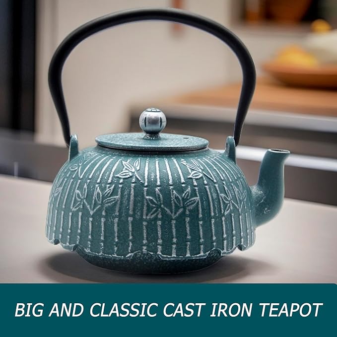 Tea Kettle, Japanese Cast Iron Teapot with Stainless Steel Infuser, Cast Iron Tea Kettle, Durable Teapot Coated with Enameled Interior (40.6oz Blue-green Bamboo Leaf Pattern)