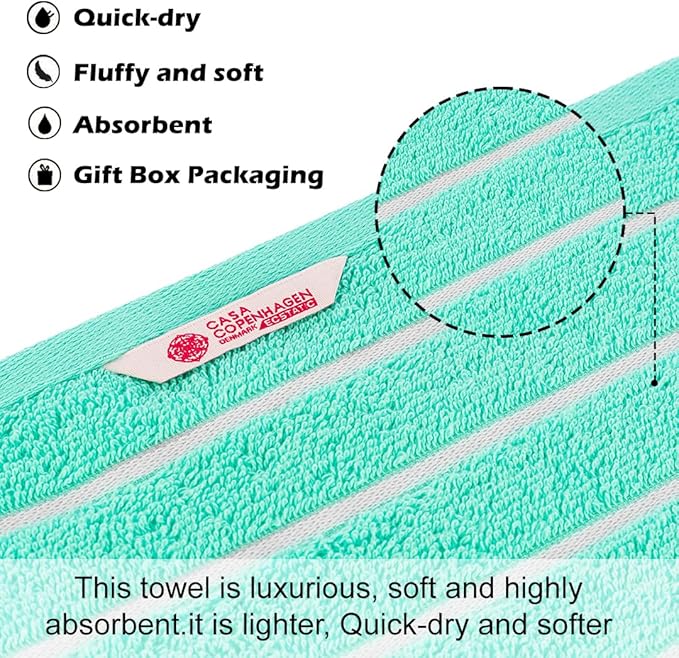 CASA COPENHAGEN Ecstatic 6 Pieces Towel Set- Aqua Blue, 600 GSM 2 Bath Towel 2 Hand Towel 2 Washcloth, Designed in Denmark Made of Soft Egyptian Cotton for Bathroom, Kitchen & Shower