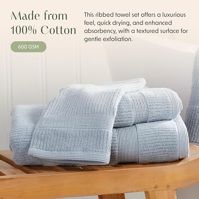 Springtree Home Blue Bath Towels Set of 4 | Ribbed Textured | 100% Combed Cotton | Absorbent Quick-Dry Towels for Bathroom | Oeko-TEX® Standard 100 Cotton | Mauro Collection - Blue Fog