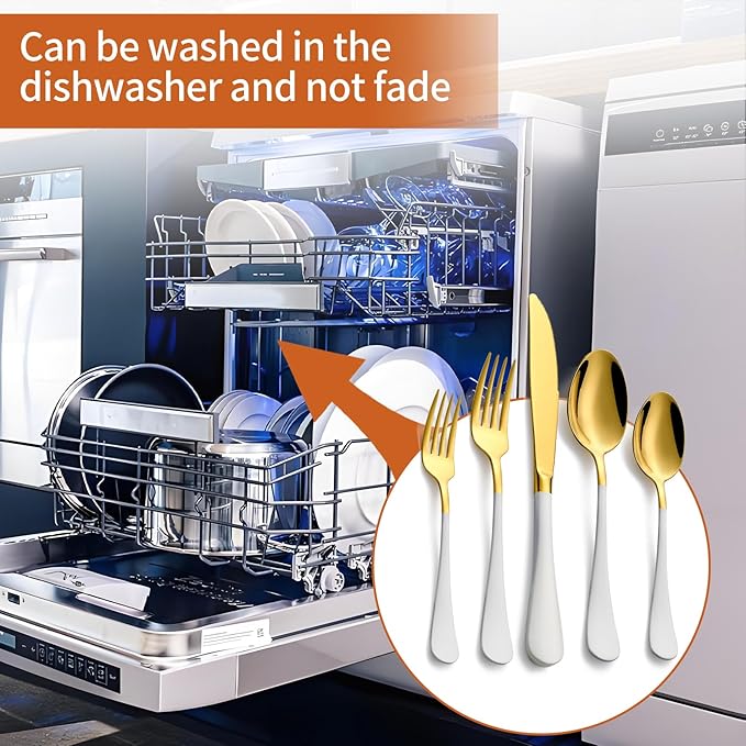 20 Piece Gold and White 18/0 Flatware Utensil Set for 4, Include Dinner Knife,Dinner Forks,Dinner Spoons,Salad Forks,Teaspoons,Silverware Set for 4, Dishwasher Safe