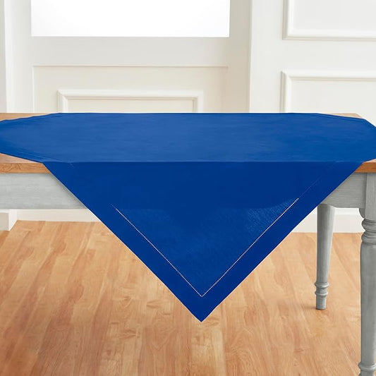 Solino Home Blue Cotton Linen Tablecloth 52 x 52 Inch - Hemstitch Square Table Throw - Machine Washable Tablecloth for Winter